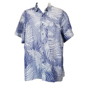 Tasso Elba Shirt Mens 2XL Blue White Palm Leaf Silk Linen Hawaiian Button Up